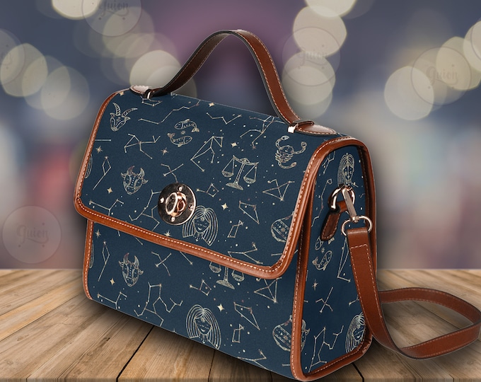 Star Constellations Bag, Cottagecore witch Canvas Satchel bag, celestial purse, vegan leather strap hand bag goth bag, hippies boho gift