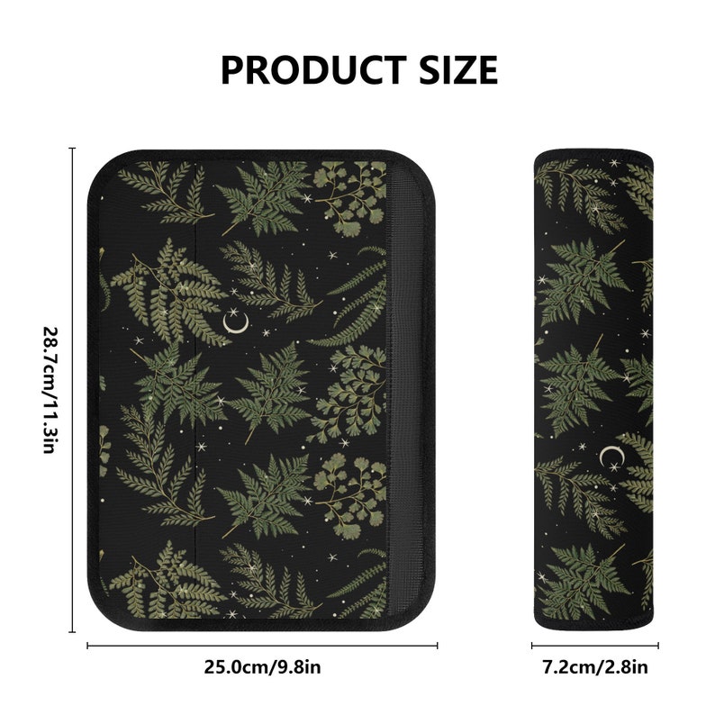 May include: A black and green fern and moon print laptop sleeve with a zipper closure. The sleeve measures 11.3 inches tall and 9.8 inches wide. A matching wrist rest is also shown, measuring 2.8 inches wide.