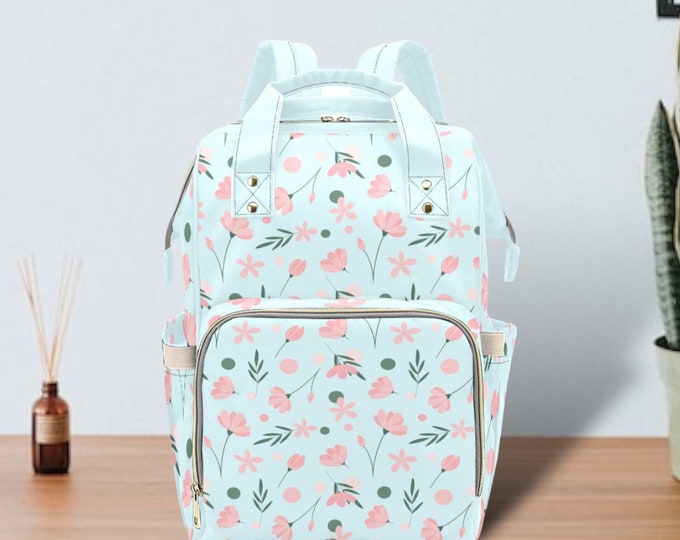 Cute Baby Blue Diaper Backpack for Mothers, Kawaii Flowers Bakcpack For Every Occasion , Backpack For Moms, nappy bag, diaper backpack