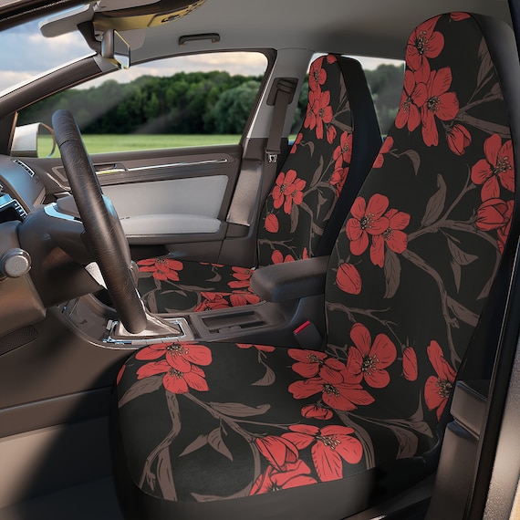 Red Blossom Cute Car Seat Covers, Nature Foral Cottagecore Seat Covers for vehicle, Nature car interior decor, cute car accessories gift red