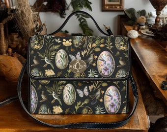 Witchy Easter Egg Black Canvas Satchel bag, Green crossbody forest purse, Cute Vegan leather strap Dark Cottagecore adjustable strap handbag