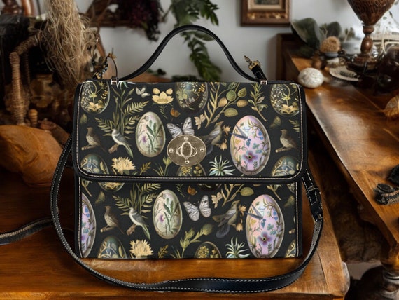 Witchy Easter Egg Black Canvas Satchel bag, Green crossbody forest purse, Cute Vegan leather strap Dark Cottagecore adjustable strap handbag