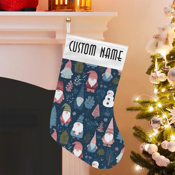 Scandinavian Gnomes and Snowman Christmas Stocking, Cute Custom Stuffer, Xmas Goblincore Christmas Stocking, boho christmas home gift