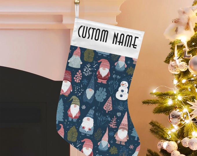 Scandinavian Gnomes and Snowman Christmas Stocking, Cute Custom Stuffer, Xmas Goblincore Christmas Stocking, boho christmas home gift