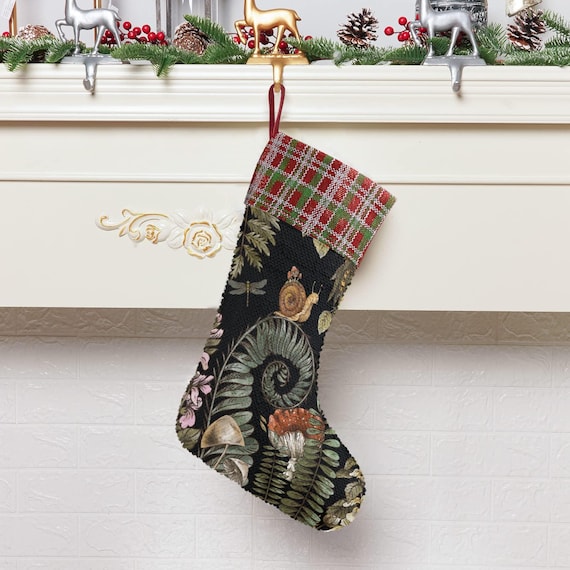 Cottagecore Fern Snail Forest Stocking, Amanita mushroom woodland Sequin Stocking, Santa Gift stuffer, Fireplace Boho Christmas gift decor