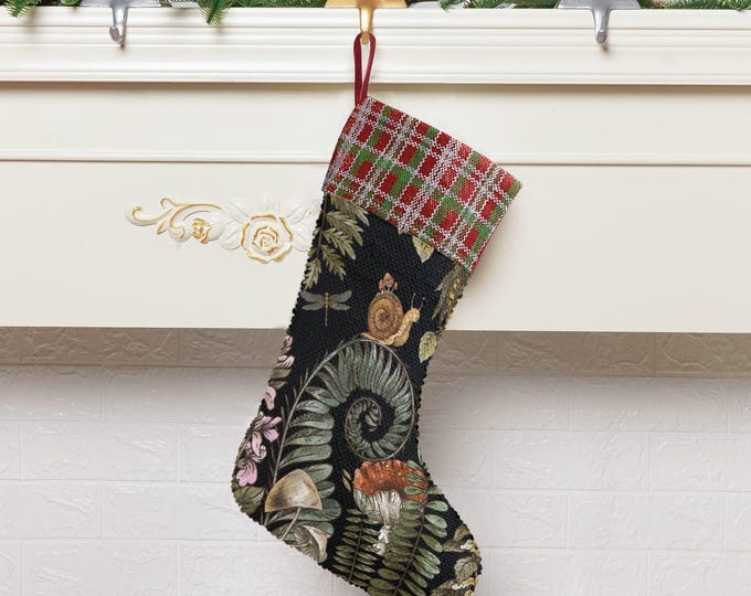 Cottagecore Fern Snail Forest Stocking, Amanita mushroom woodland Sequin Stocking, Santa Gift stuffer, Fireplace Boho Christmas gift decor