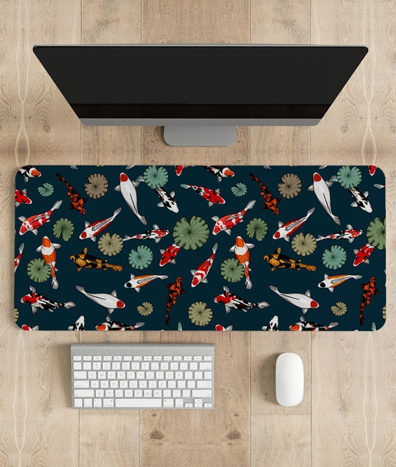 Green Koi Fish Gaming Mousepad, Japanese Desk Mat XL, boho nature mouse pad xxl, extra large gaming deskmat, anime aesthetics cute mousepad