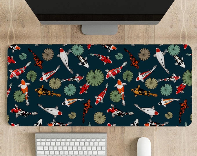 Green Koi Fish Gaming Mousepad, Japanese Desk Mat XL, boho nature mouse pad xxl, extra large gaming deskmat, anime aesthetics cute mousepad