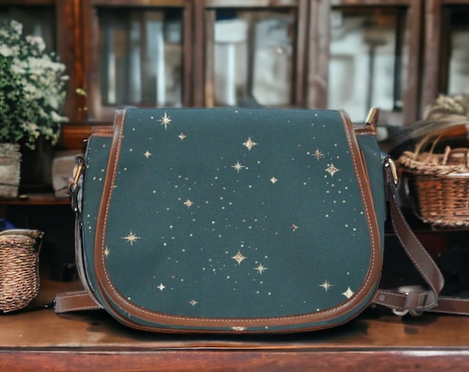 Cottagecore Blue Starry Vegan leather saddle bag, Celestial Background crossed body purse women, witch goth bag, hippies boho gift