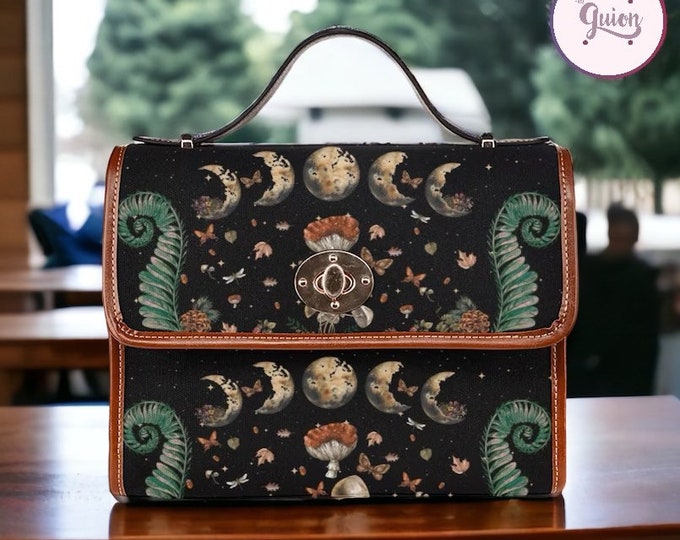 Cottagecore witch Canvas Satchel bag, Cute women mushroom crossed body purse, cute vegan leather strap hand bag goth bag, hippies boho gift
