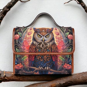 Magical Owl Dark academia canvas satchel bag, Witchy Dark Cottagecore Whimsy goth Black poetic Vegan leather trim crossbody messenger bag Brown