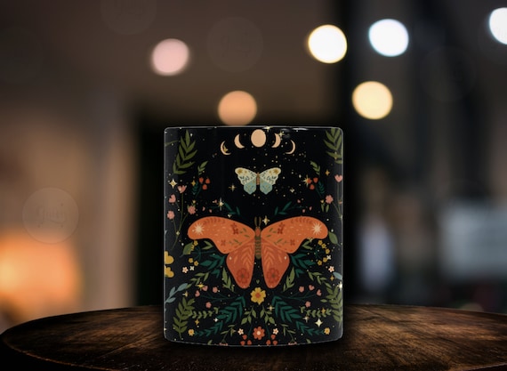 Dark Cottagecore Floral Moon Moth Color Changing Mug, Cottagecore Witchy Floral Black Ceramic Mug, Celestial Morphing Mug Gift Made in USA