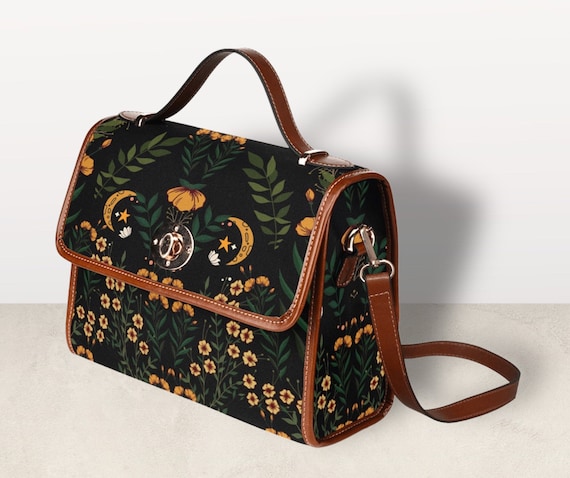 Cottagecore witch Canvas Satchel bag, Cute women witchy floral crossbody purse, vegan leather strap hand bag goth bag, hippies boho gift