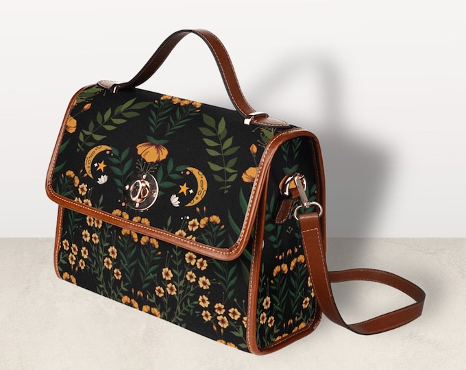 Cottagecore witch Canvas Satchel bag, Cute women witchy floral crossbody purse, vegan leather strap hand bag goth bag, hippies boho gift