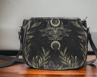 Cottagecore Moon Phases Witchy Vegan leren zadeltas, Witchy mystieke bloemen gekruiste body portemonnee dames, heks gothic tas voor elke gelegenheid