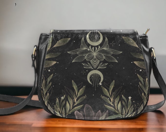 Cottagecore Moon Phases Witchy Vegan leather saddle bag, Witchy mystical floral crossed body purse women, witch goth bag for every occasion