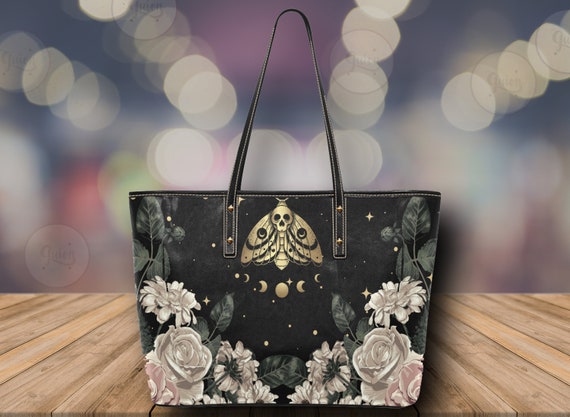 Witch Bag Boho Pale Roses Moth Moon phases Cute witchy Vegan leather tote bag, Vegan leather bag, Cute Goth bag big zip tote, witchy purse