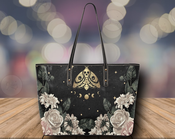 Witch Bag Boho Pale Roses Moth Moon phases Cute witchy Vegan leather tote bag, Vegan leather bag, Cute Goth bag big zip tote, witchy purse
