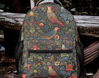 Cute Birds Forest Cottagecore backpack, green nature forest backpack, back to school day pack, botanical nature witchy green school bag