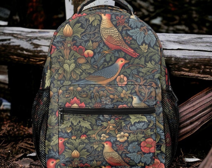 Cute Birds Forest Cottagecore backpack, green nature forest backpack, back to school day pack, botanical nature witchy green school bag