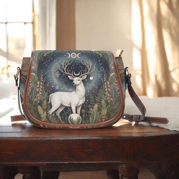 Sacred White Deer Saddle Bag, Fantasy Animal Art Crossbody, Boho Vintage Style Handbag, Deer Saddle Bag, Pagan Occult Handbag