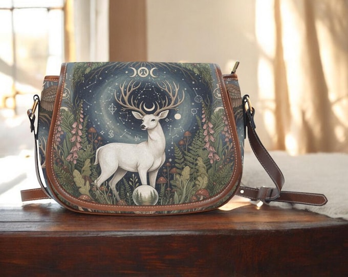 Sacred White Deer Saddle Bag, Fantasy Animal Art Crossbody, Boho Vintage Style Handbag, Deer Saddle Bag, Pagan Occult Handbag