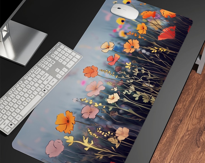 Anime wildflower nature desk mat RGB, Cute green witch forest large mouse pad RGB stitched edge, Cute aesthetic floral wrist rest desk setup