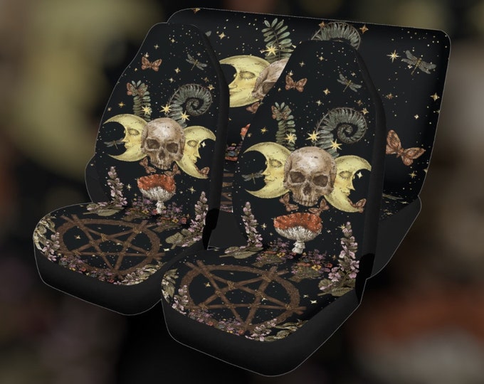 Black Magical Forest Car Seat Covers, Witchy Dark Moon mushroom fern Seat Covers for vehicle, witchy car interior decor gift New driver