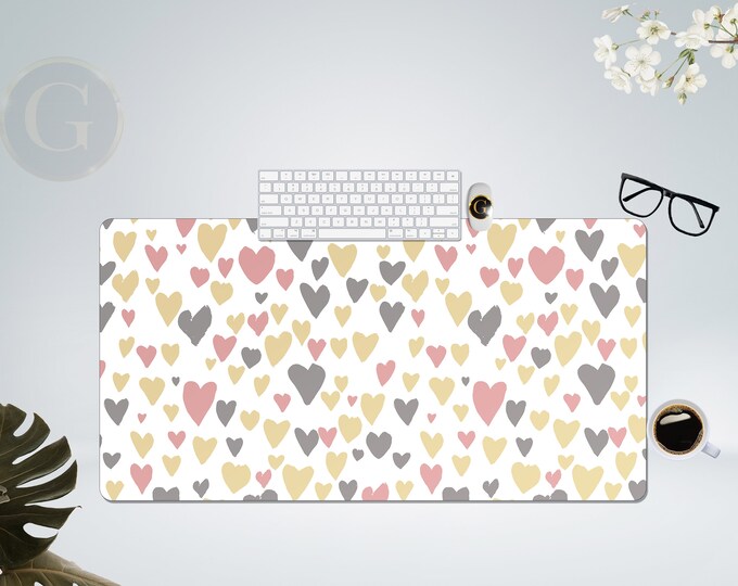 Boho Cute Colorful Hearts Desk Mats, Colorful Minimalist Desk Mat, Small Hearts Desk Mat, Extra Large Desk Pad Mousepad