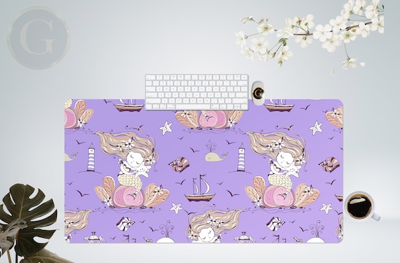 Cute Mermaid Purple Desk Mat, Gamer Girl Desk Setup, Large Desk Mat with Multiple Size Options, Christmas Gift For Gamers