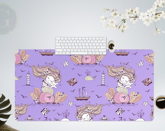 Cute Mermaid Purple Desk Mat, Gamer Girl Desk Setup, Large Desk Mat with Multiple Size Options, Christmas Gift For Gamers