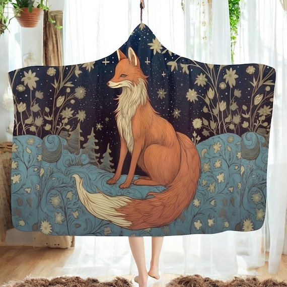Cottagecore Fox in Starry Night hooded blanket, Boho Witch cozy blanket throw, Fairycore Boho hooded cloak, Goblincore Blanket hippies gift