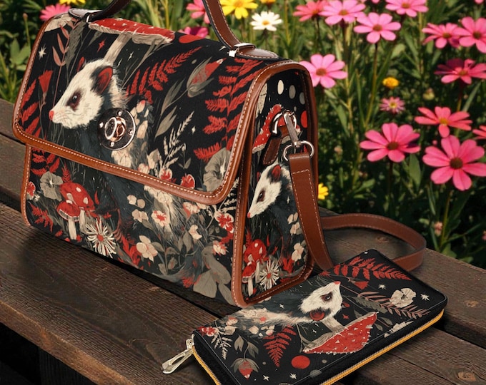 Cute Opossum Animal Canvas Satchel Bag, Cottagecore Mushroom Handbag, Animal Woodland Crossbody Shoulder Bag, Boho hippie gift zipper wallet