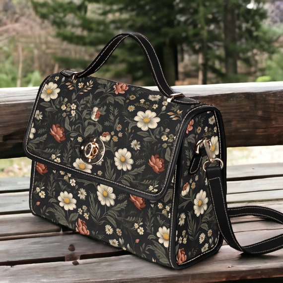 Cottagecore dark floral cute Canvas Satchel bag, Vegan Leather crossed body purse, Nature Cottage purse, goth bag, hippies boho gift bag