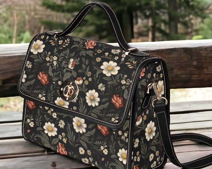 Cottagecore dark floral cute Canvas Satchel bag, Vegan Leather crossed body purse, Nature Cottage purse, goth bag, hippies boho gift bag