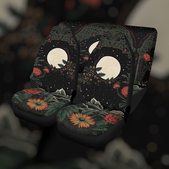 Retro Moon Forest Witch Car Seat Cover, Cottagecore Whimsy goth Front back seat cover, Dark academia Car interior decor accessories hippies