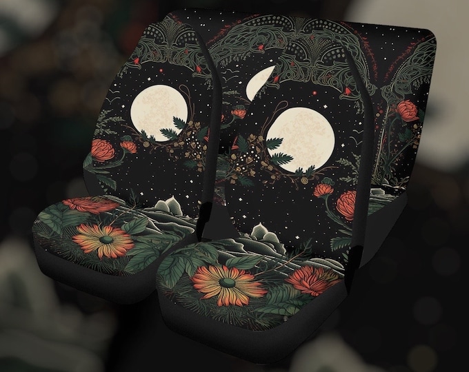 Retro Moon Forest Witch Car Seat Cover, Cottagecore Whimsy goth Front back seat cover, Dark academia Car interior decor accessories hippies