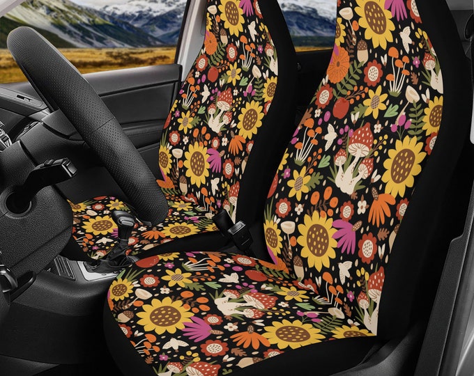 Cottagecore Floral Hippie Retro Boho Car Seat Cover For Women, Universal Fit Cute Colorful Floral Front Bucket Seat Cover For Car Vehicle
