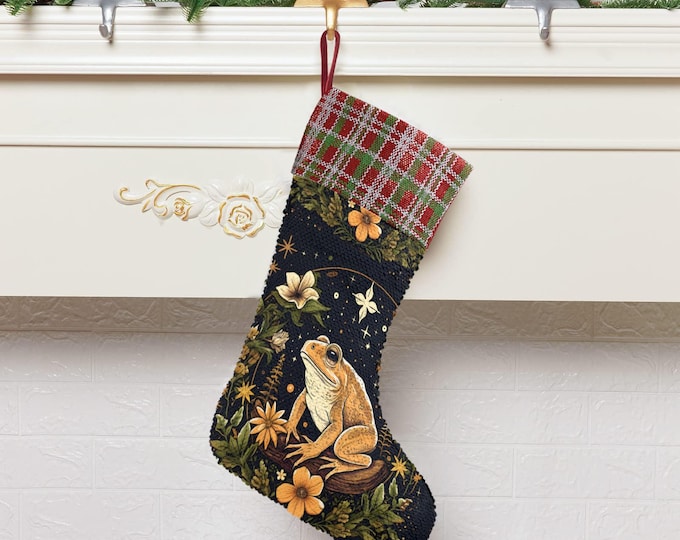 Cute Frog Daisy Goblincore Sequin Stocking, Perfect for stuffing Santa's Gifts, Fireplace hang, Christmas gift decor, Toad Holliday stuffer