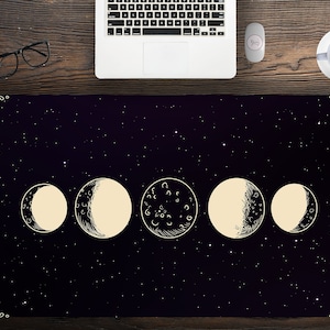 Cute Moon phases with Starry Background Black Desk MAt, black Celestial desk accessories, home office desk mat with hemmed edges lunar phase