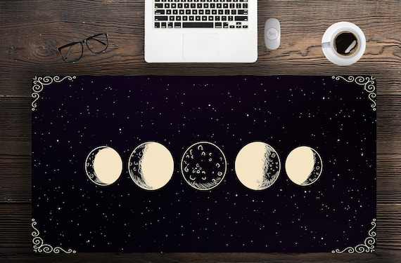 Cute Moon phases with Starry Background Black Desk MAt, black Celestial desk accessories, home office desk mat with hemmed edges lunar phase