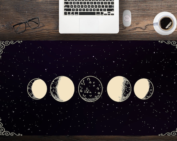 Cute Moon phases with Starry Background Black Desk MAt, black Celestial desk accessories, home office desk mat with hemmed edges lunar phase