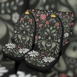 Boho Forest Cottagecore Car Seat Covers, Green Daisy Fern Forager Car Seat Cover for vehicle women, Crown boho car interior decor gift for
