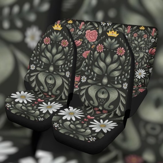 Boho Forest Cottagecore Car Seat Covers, Green Daisy Fern Forager Car Seat Cover for vehicle women, Crown boho car interior decor gift for
