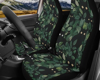 Cute Black Cat in Forest Boho Car Seat Cover, Cottagecore Witchy Green Floral Front Bucket Seat Cover For Car Vehicle, Nature seat cover