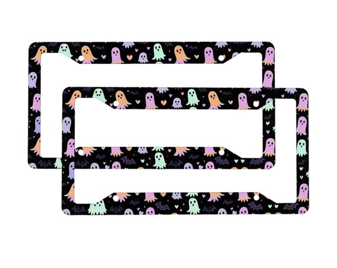 Kawaii Ghost License Plate Frame, Cute Spooky Car Accessories, Pastel Goth Heart Pattern Car Tag Cover, Pink Halloween Decor for Women