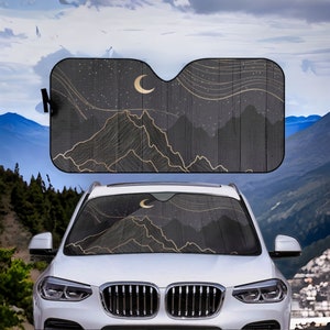 Gold mountain moon black Car sunshade for windshield, cottagecore boho dark Window Sun Blocker celestial car accessories Auto Decor Screen