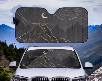 Gold mountain moon black Car sunshade for windshield, cottagecore boho dark Window Sun Blocker celestial car accessories Auto Decor Screen