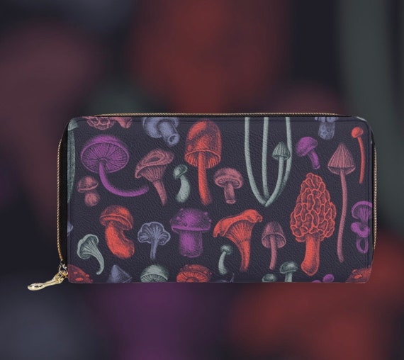 Purple Mushroom Wallet, Cottagecore Nature Zipper Wallet, Mushroom Accessory Bag, Cottagecore Dark Academia Wallet Goblincore Goth Purse