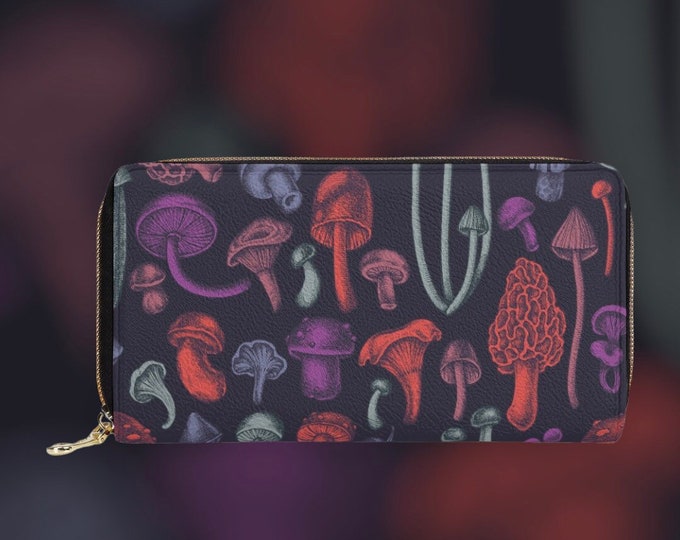 Purple Mushroom Wallet, Cottagecore Nature Zipper Wallet, Mushroom Accessory Bag, Cottagecore Dark Academia Wallet Goblincore Goth Purse